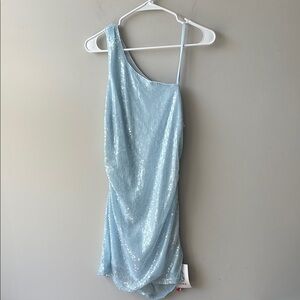 Blue sequin off one shoulder bodycon mini dress women size small NWT.